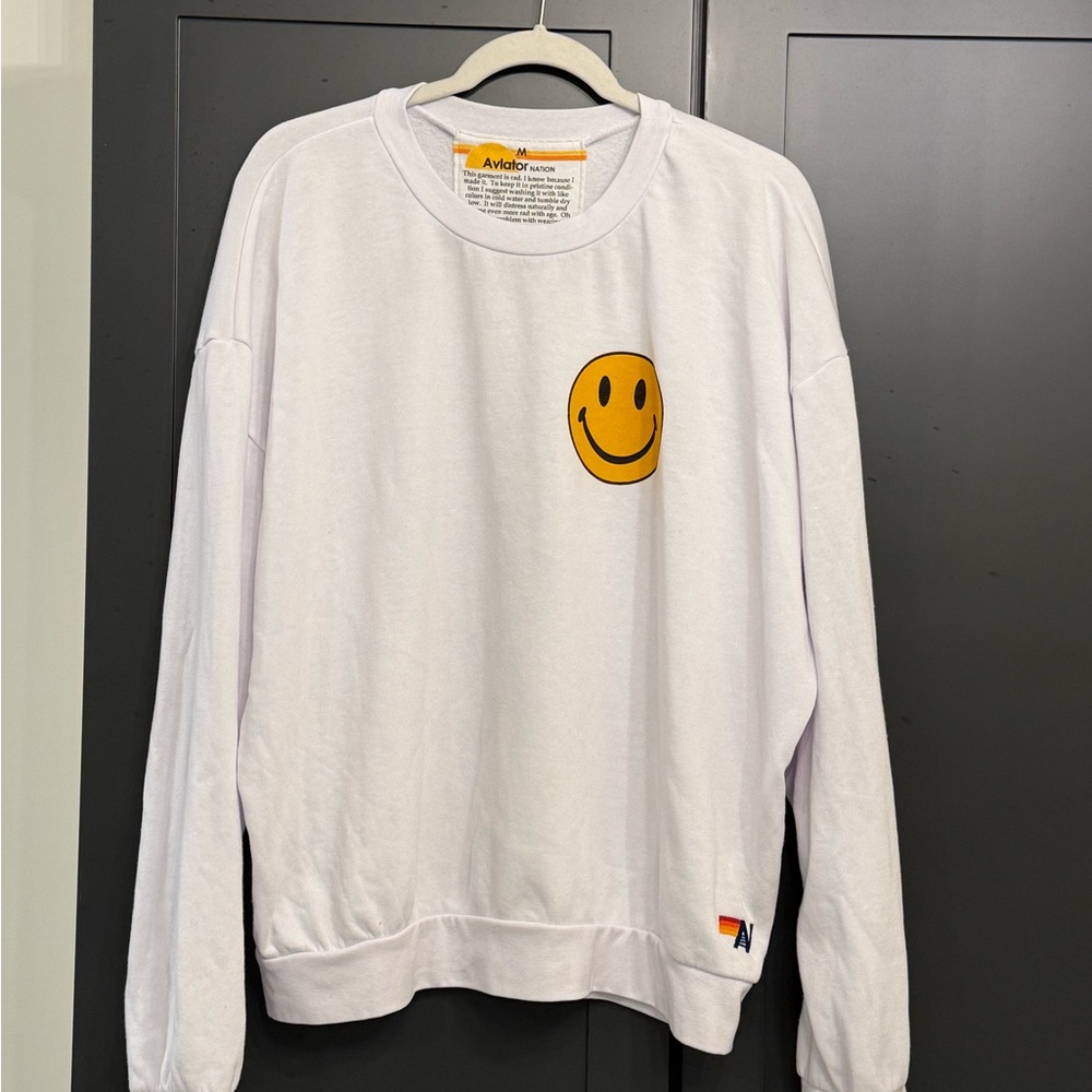 Aviator Nation White Crewneck with Yellow Smiley Sz Medium EUC